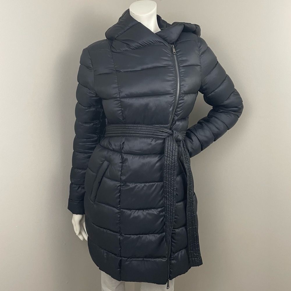 RACHEL PARCELL Black Asymmetrical Tie Belt Puffer Winter Coat